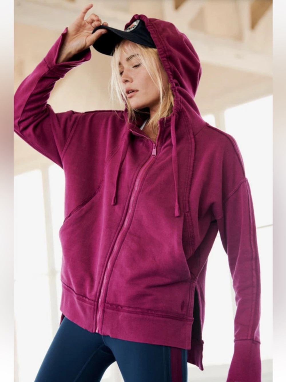 Free People Movement Only One Hoodie Sweatshirt Zip Up Hi Low Magenta